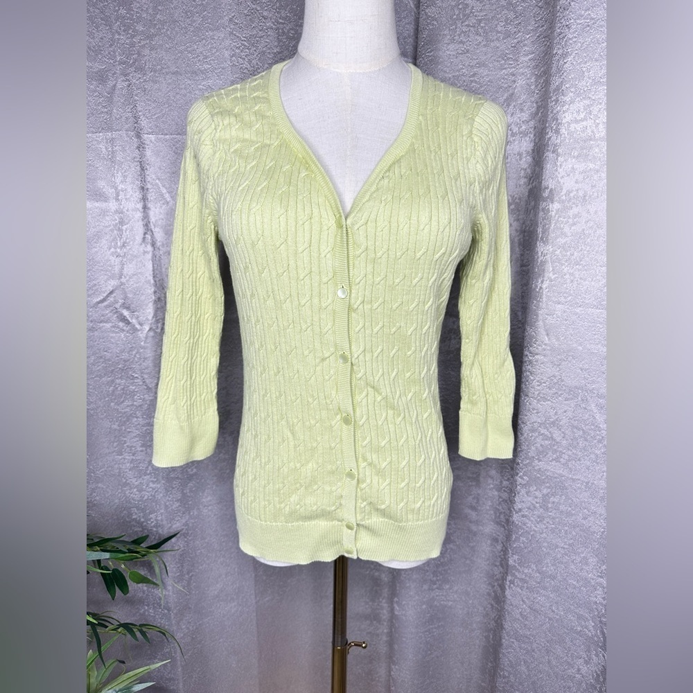 Talbots Vintage 100% Pima Cotton V-Neck Cardigan in Lime Green Sz M